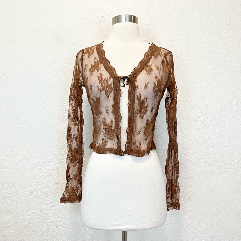 Top Brown Lace Tie Front Split Sheer 90s Y2K Grunge Whimsigoth XS S Shirt
